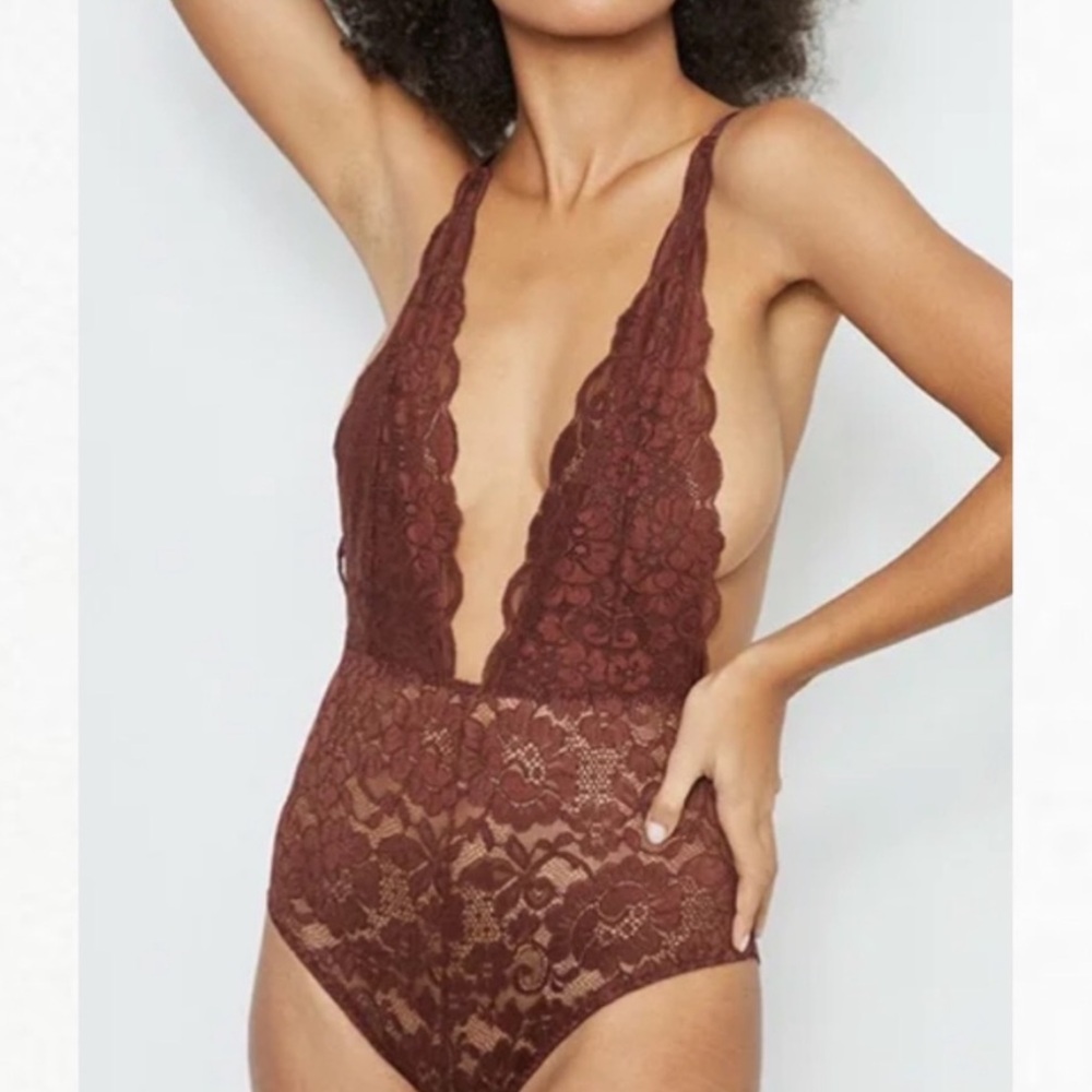 We Are HAH Free People Comin' In Haht Lace Bodysuit in Brown Cocoa, Size XS